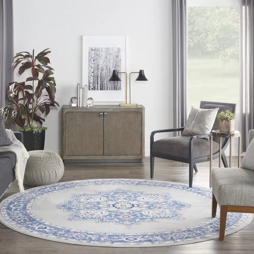 8' Ivory Blue and Gray Floral Round Rug Photo 6