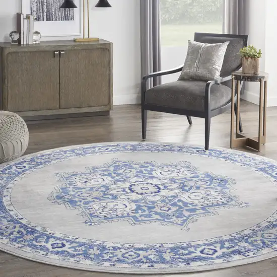 8' Ivory Blue and Gray Floral Round Rug Photo 5