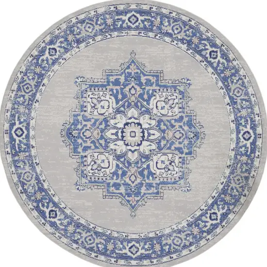 8' Ivory Blue and Gray Floral Round Rug Photo 6