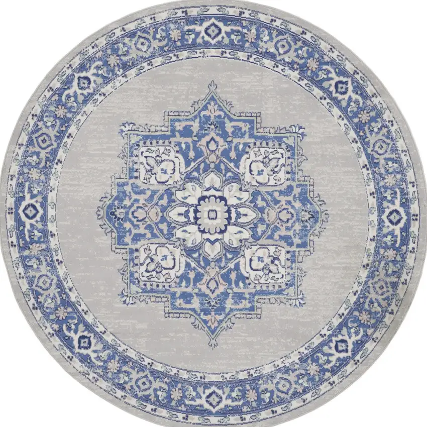 8' Ivory Blue and Gray Floral Round Rug Photo 6