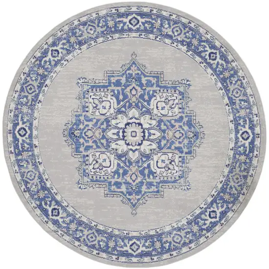 8' Ivory Blue and Gray Floral Round Rug Photo 2