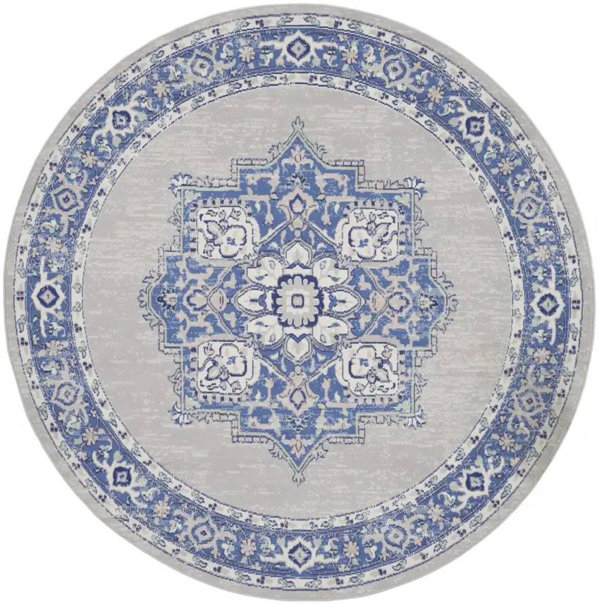 8' Ivory Blue and Gray Floral Round Rug Photo 2