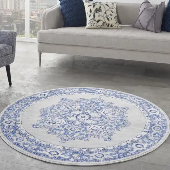 5' Ivory Blue and Gray Floral Round Rug Photo 5