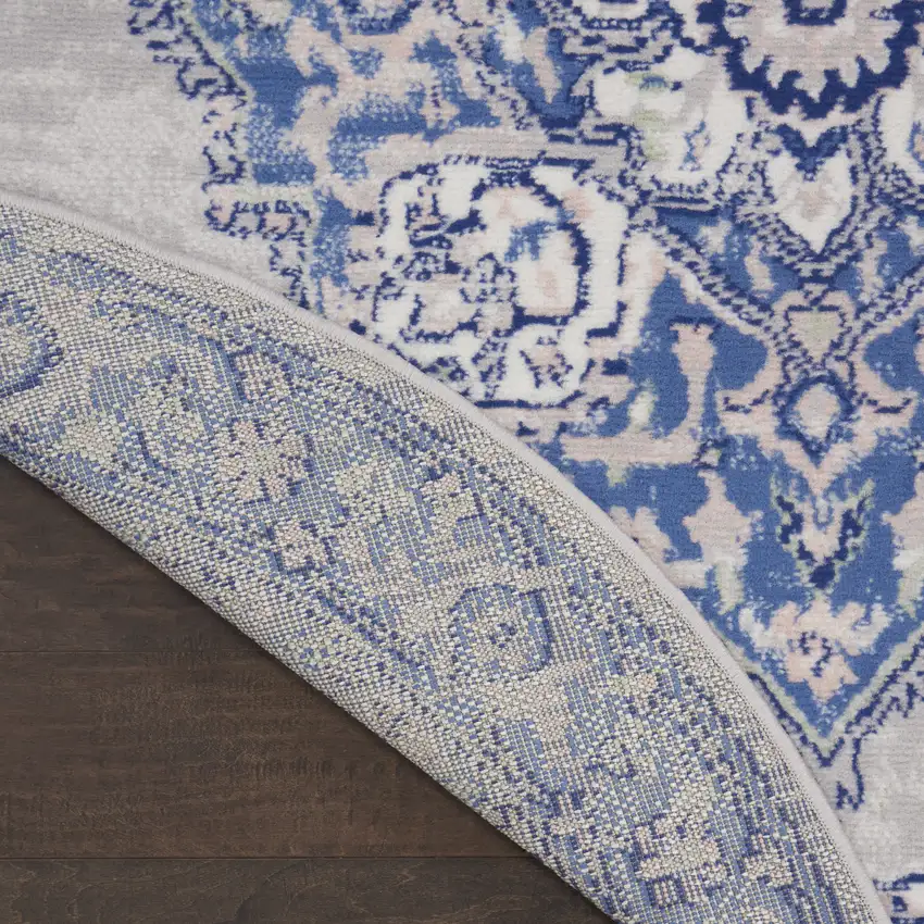 5' Ivory Blue and Gray Floral Round Rug Photo 9