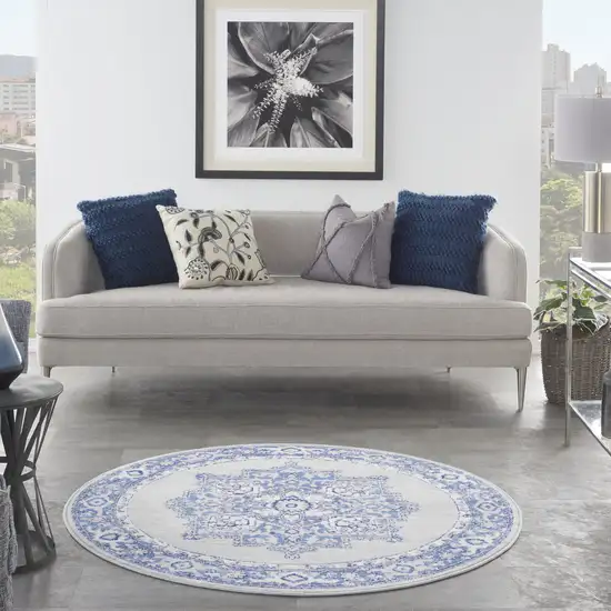 5' Ivory Blue and Gray Floral Round Rug Photo 6