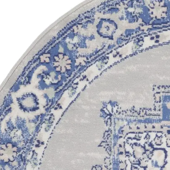 5' Ivory Blue and Gray Floral Round Rug Photo 7