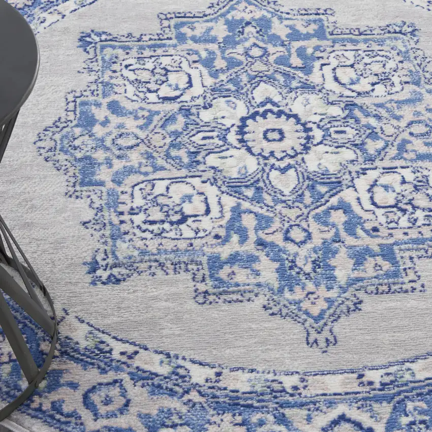 5' Ivory Blue and Gray Floral Round Rug Photo 8