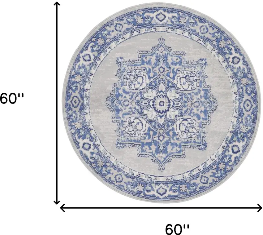 5' Ivory Blue and Gray Floral Round Rug Photo 3