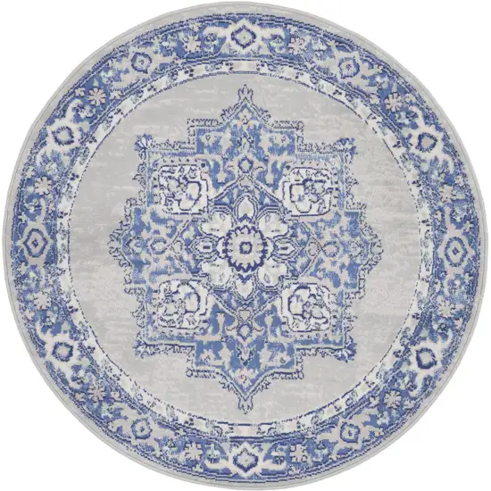 5' Ivory Blue and Gray Floral Round Rug Photo 4
