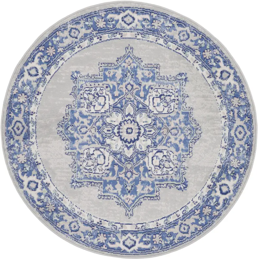 5' Ivory Blue and Gray Floral Round Rug Photo 4