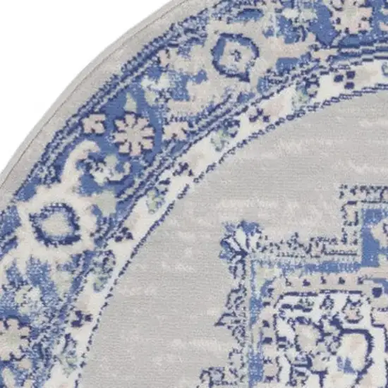 5' Ivory Blue and Gray Floral Round Rug Photo 3