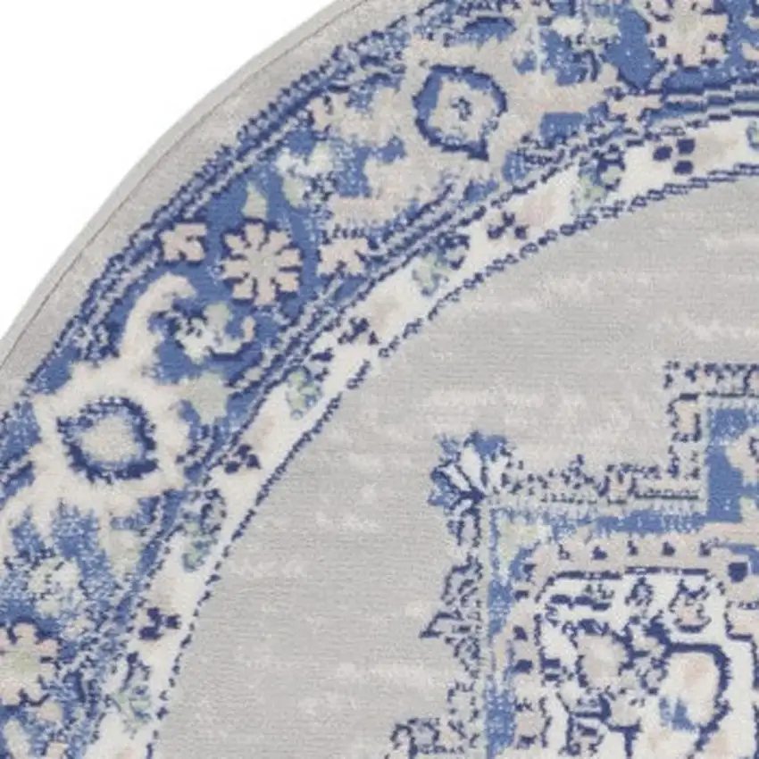5' Ivory Blue and Gray Floral Round Rug Photo 3