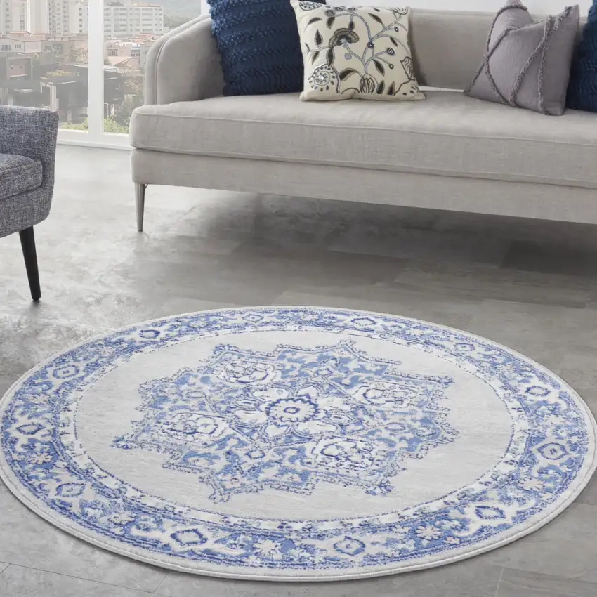 5' Ivory Blue and Gray Floral Round Rug Photo 8