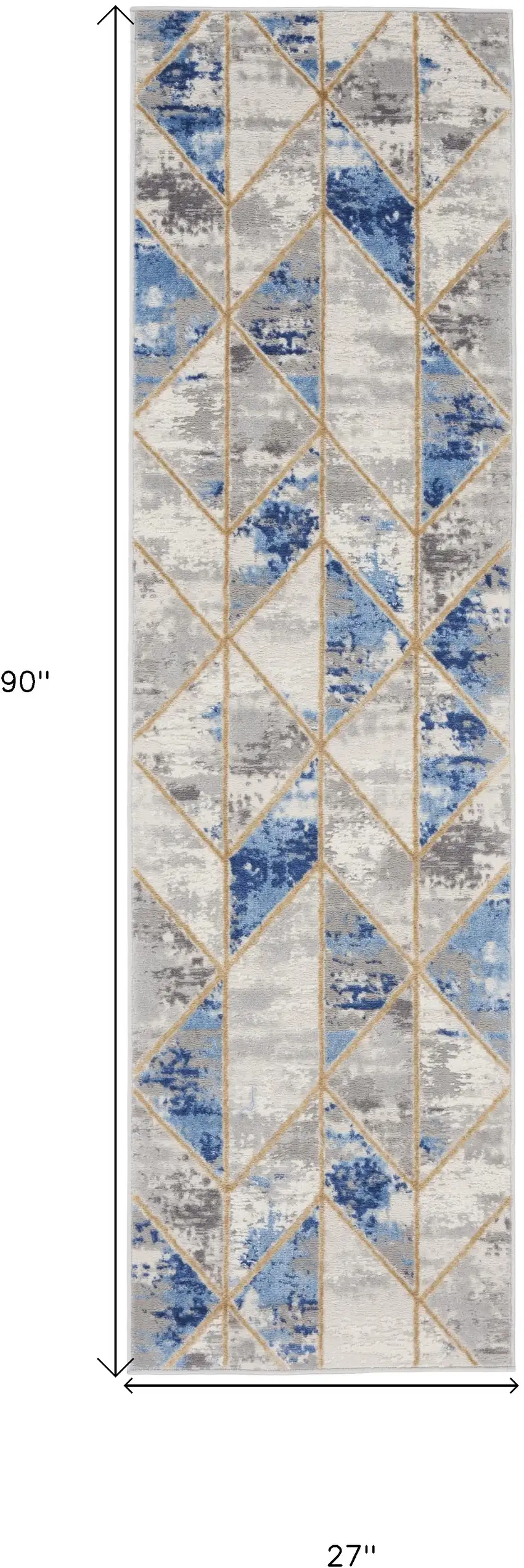 8' Ivory Blue and Gray Geometric Non Skid Runner Rug Photo 3