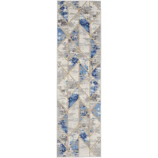 8' Ivory Blue and Gray Geometric Non Skid Runner Rug Photo 1