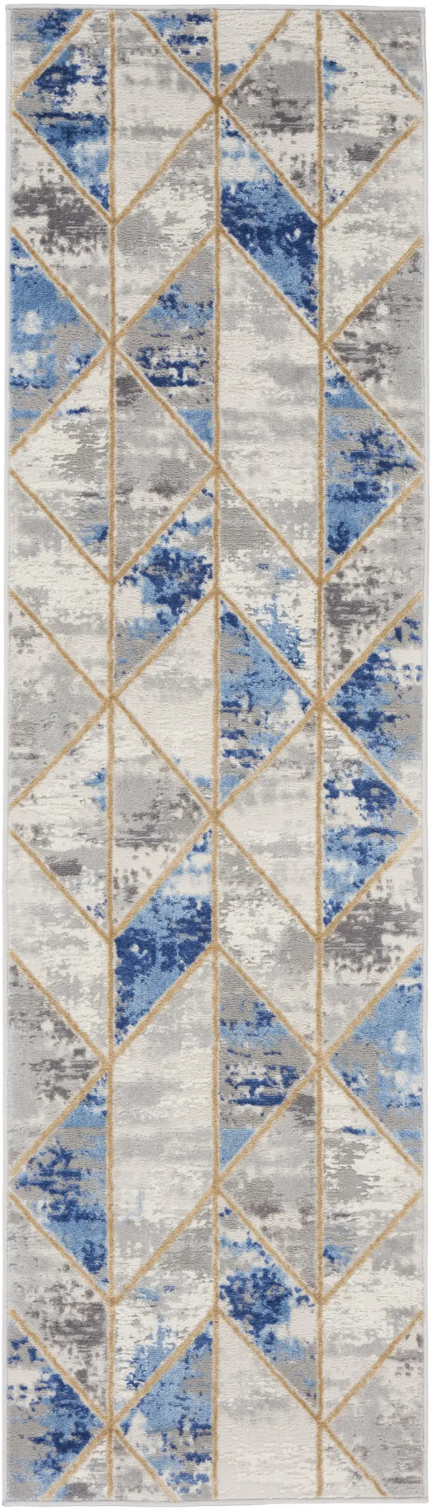 8' Ivory Blue and Gray Geometric Non Skid Runner Rug Photo 1