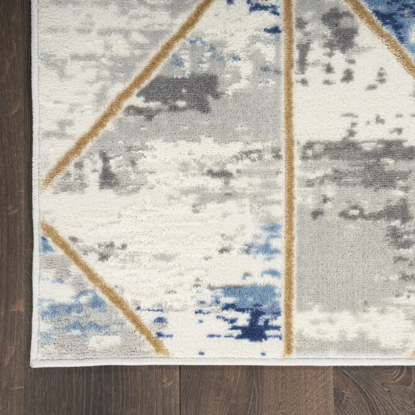 8' Ivory Blue and Gray Geometric Non Skid Runner Rug Photo 9