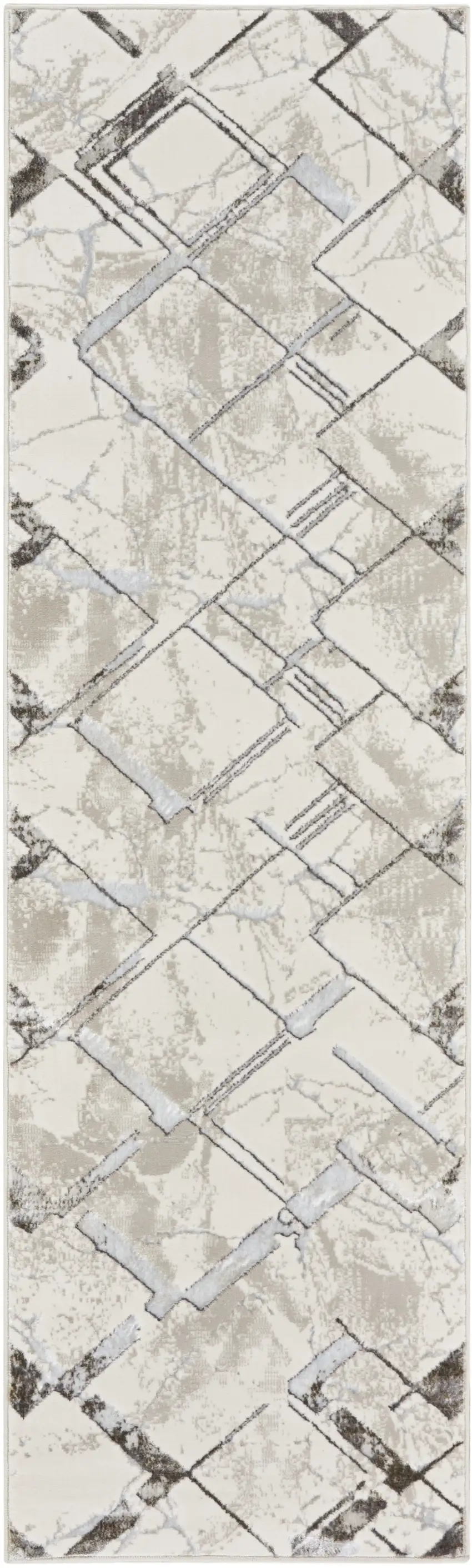 8' Ivory Blue and Gray Geometric Non Skid Runner Rug Photo 2