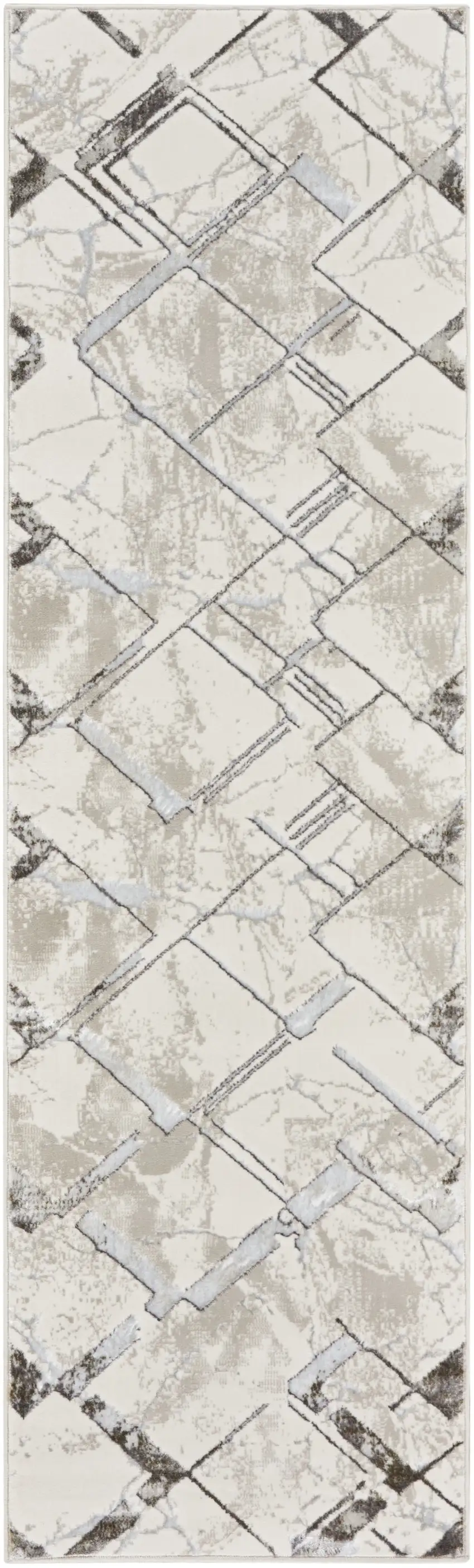 8' Ivory Blue and Gray Geometric Non Skid Runner Rug Photo 1