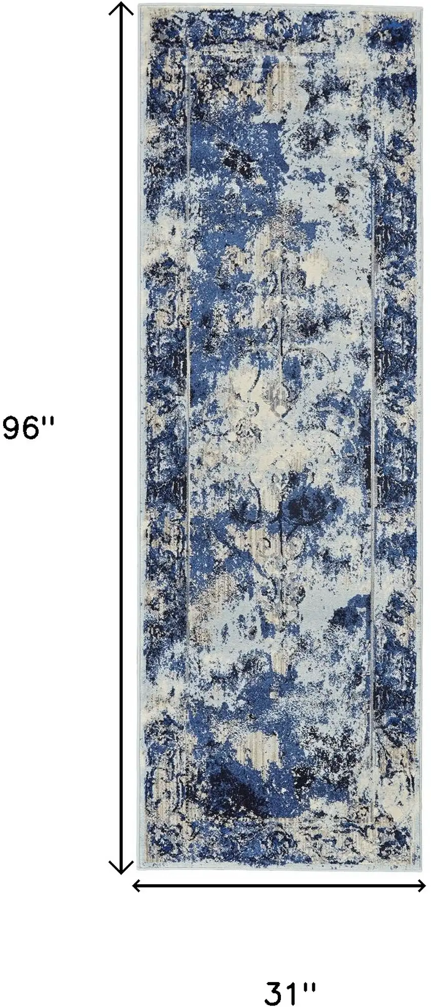 8' Ivory Blue and Gray Medallion Power Loom Distressed Runner Rug Photo 3