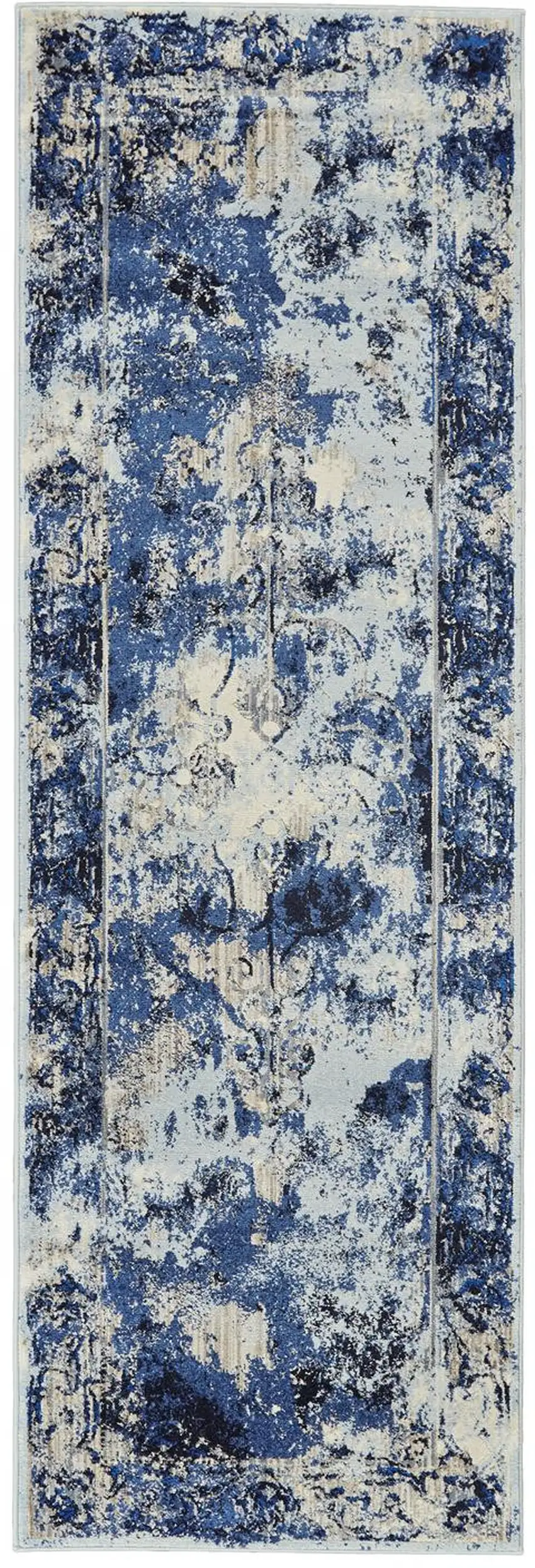 8' Ivory Blue and Gray Medallion Power Loom Distressed Runner Rug Photo 2
