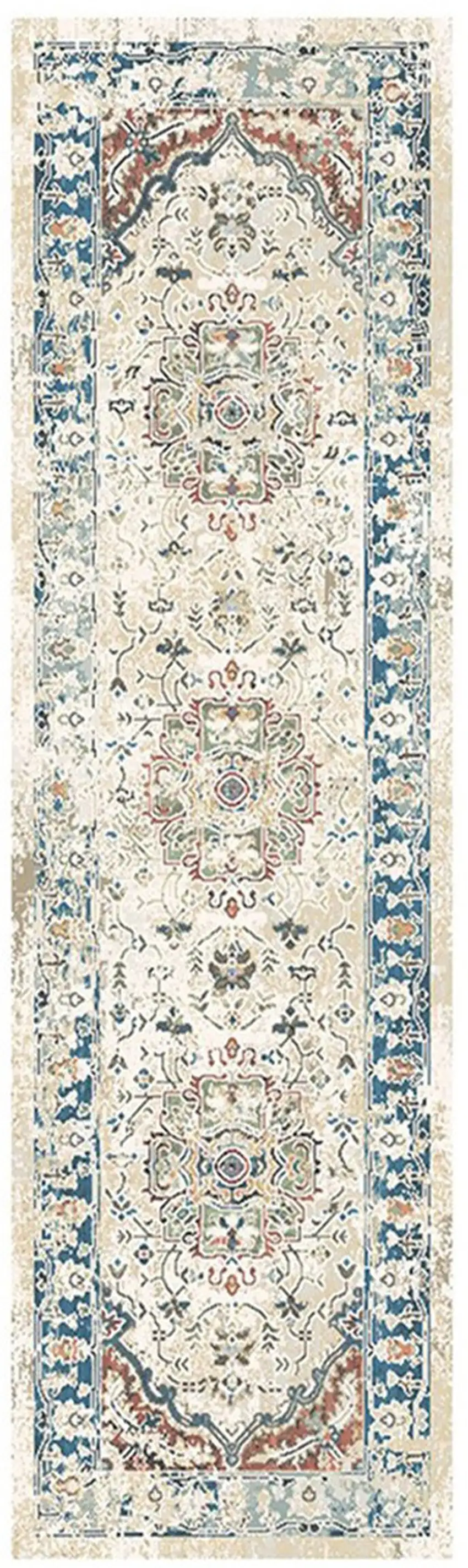 8' Ivory Blue and Gray Oriental Distressed Runner Rug With Fringe Photo 2