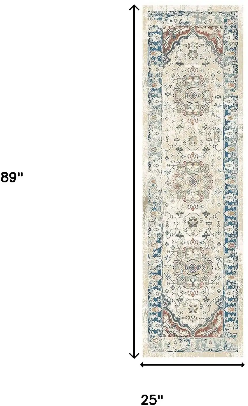 8' Ivory Blue and Gray Oriental Distressed Runner Rug With Fringe Photo 5