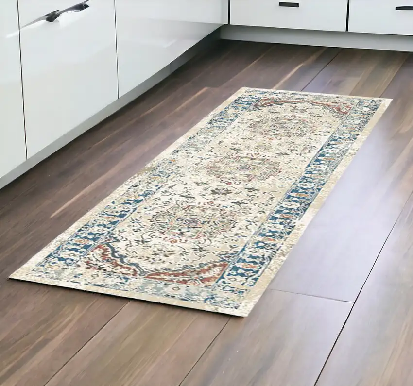8' Ivory Blue and Gray Oriental Distressed Runner Rug With Fringe Photo 1