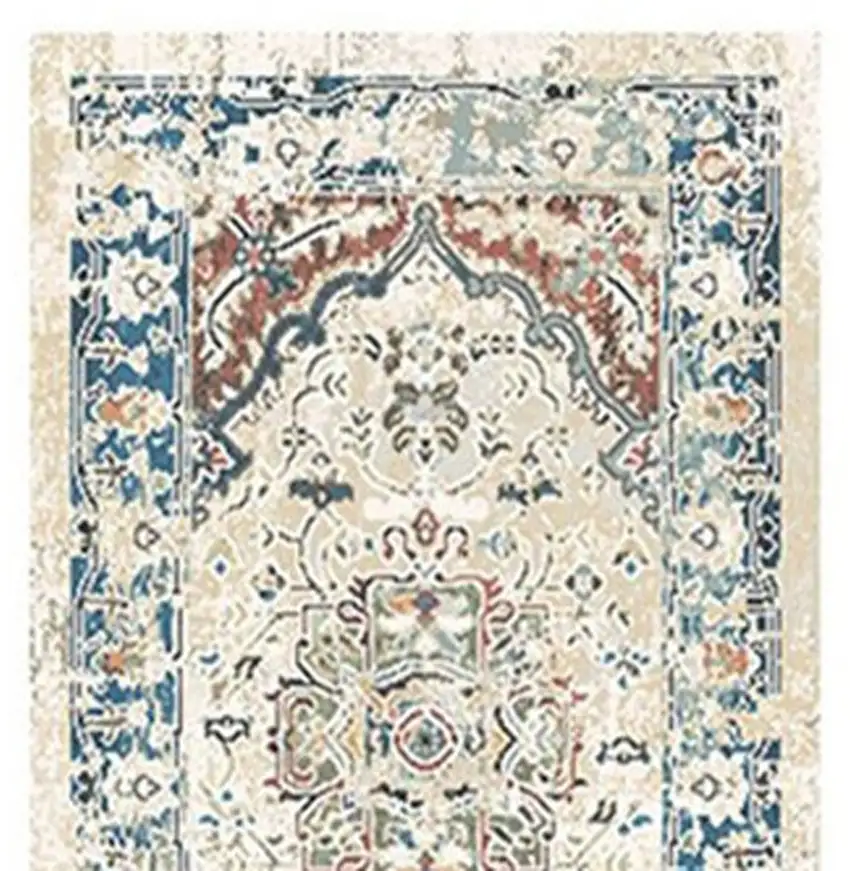 8' Ivory Blue and Gray Oriental Distressed Runner Rug With Fringe Photo 4