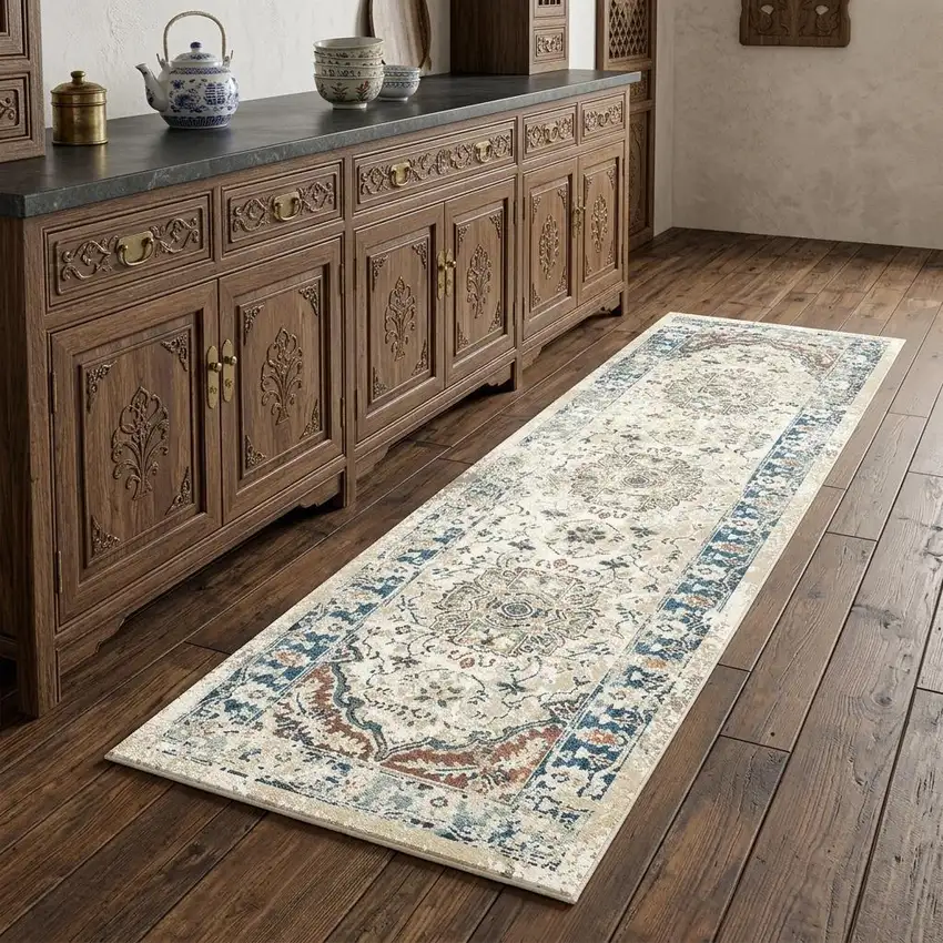 8' Ivory Blue and Gray Oriental Distressed Runner Rug With Fringe Photo 1