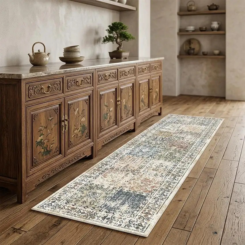 8' Ivory Blue and Gray Patchwork Distressed Runner Rug With Fringe Photo 1