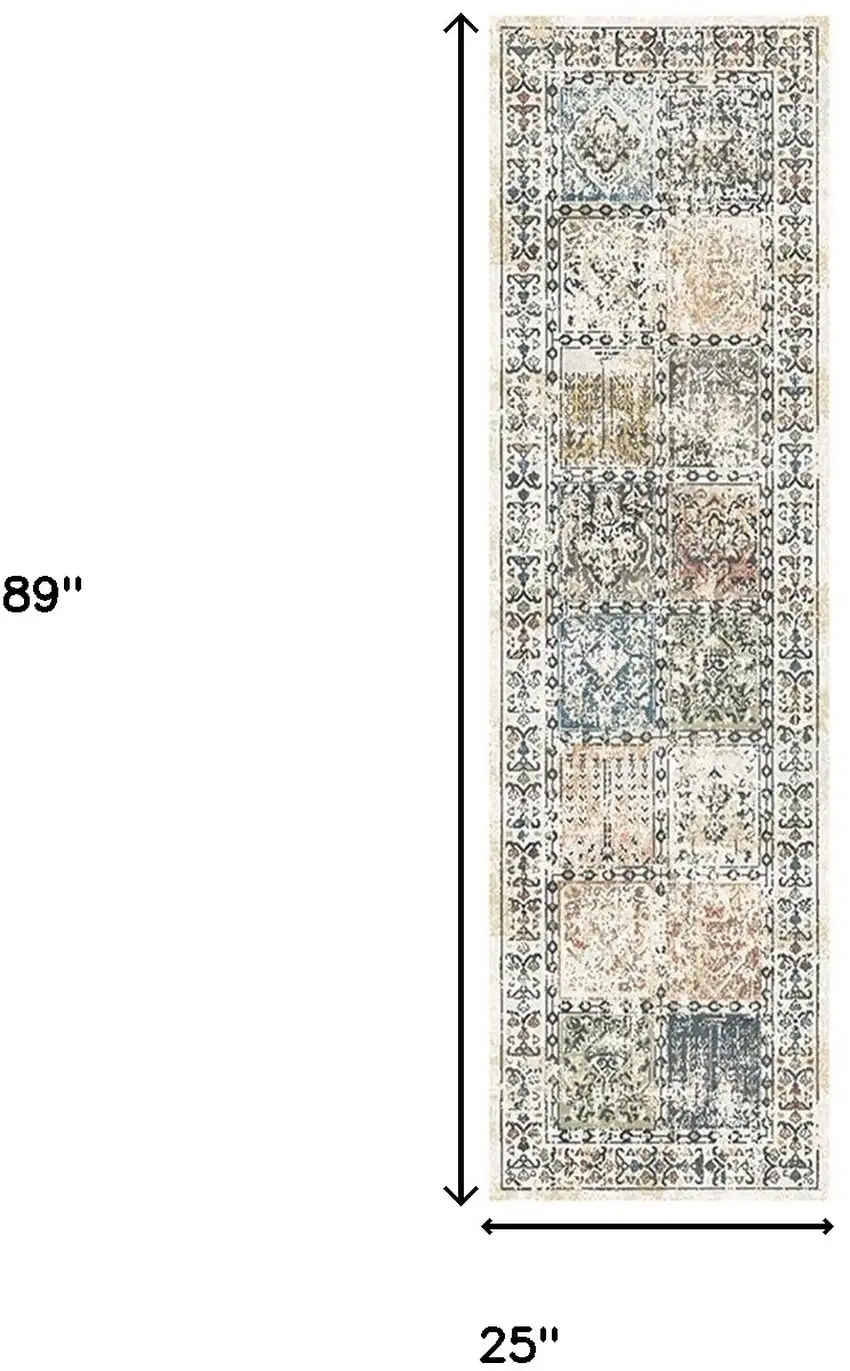 8' Ivory Blue and Gray Patchwork Distressed Runner Rug With Fringe Photo 5