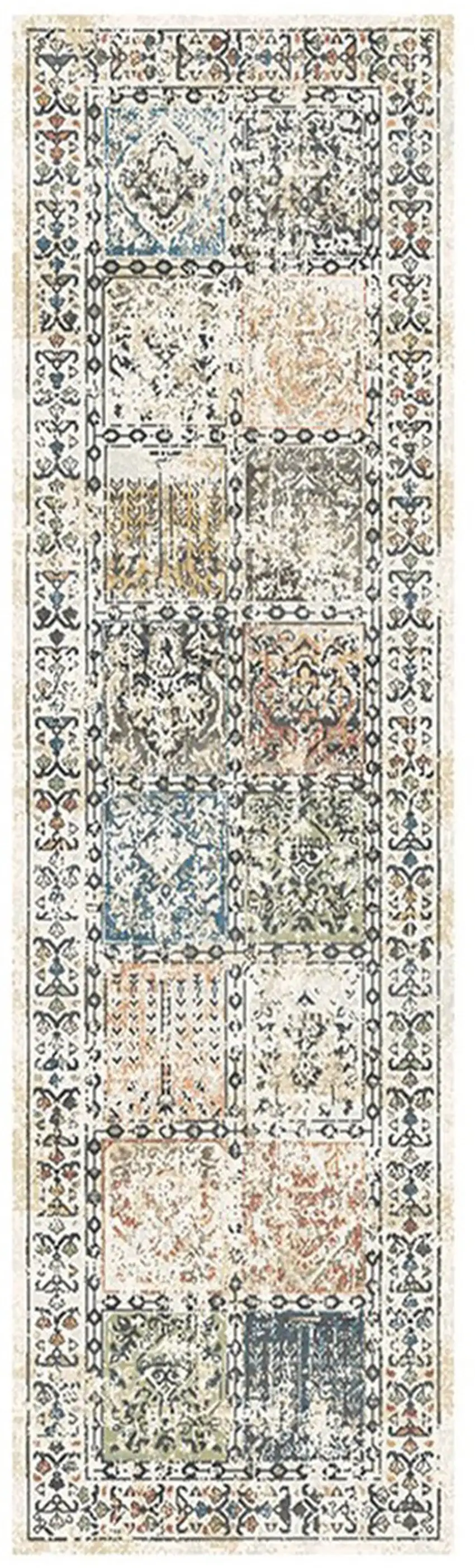 8' Ivory Blue and Gray Patchwork Distressed Runner Rug With Fringe Photo 2
