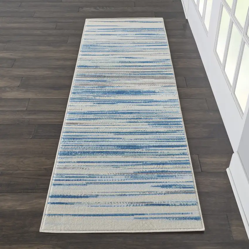 6' Ivory Blue and Gray Striped Non Skid Runner Rug Photo 9