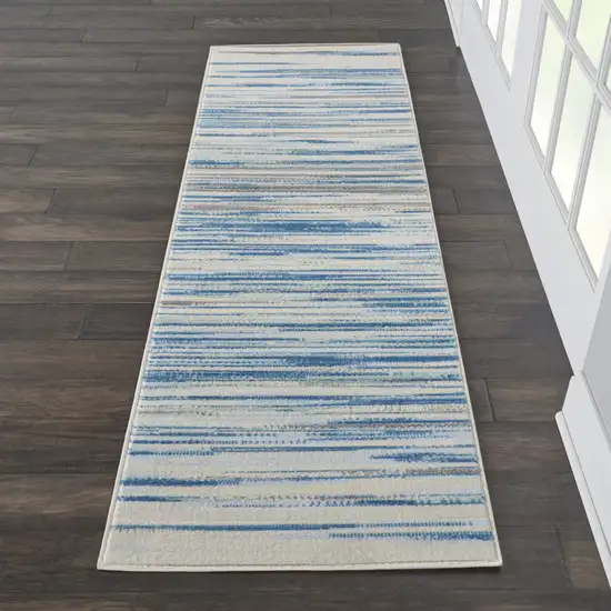 7' Ivory Blue and Gray Striped Runner Rug Photo 4