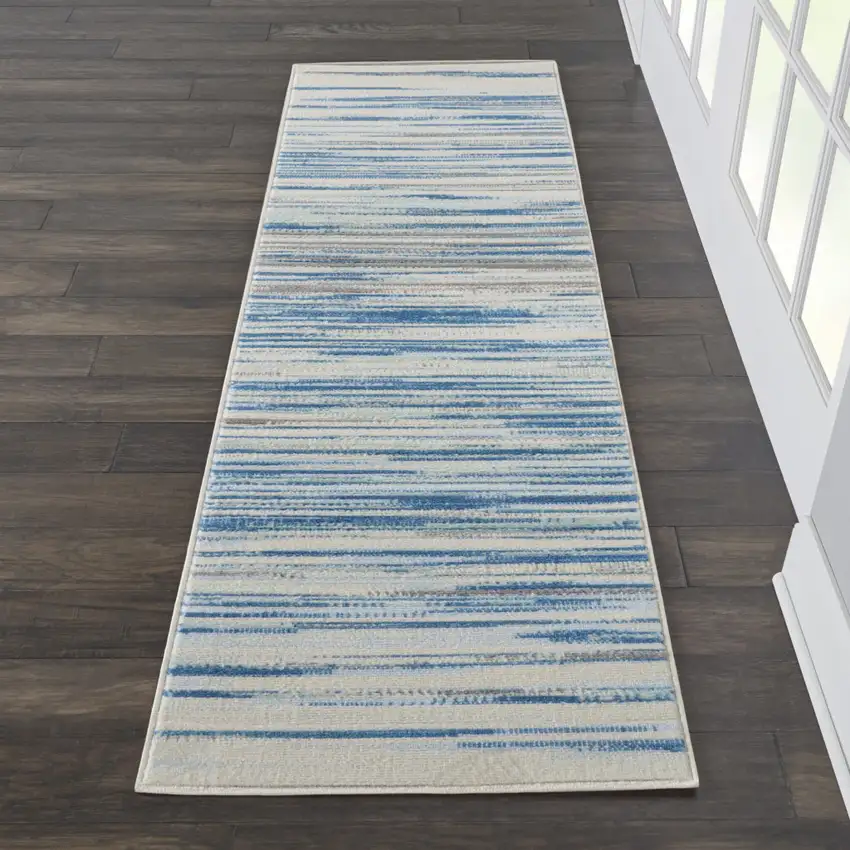 7' Ivory Blue and Gray Striped Runner Rug Photo 4
