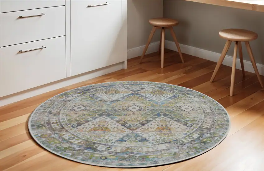 6' Ivory Blue and Green Floral Distressed Non Skid Round Rug Photo 1