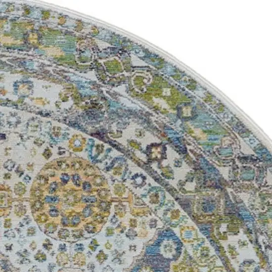 6' Ivory Blue and Green Floral Distressed Non Skid Round Rug Photo 7