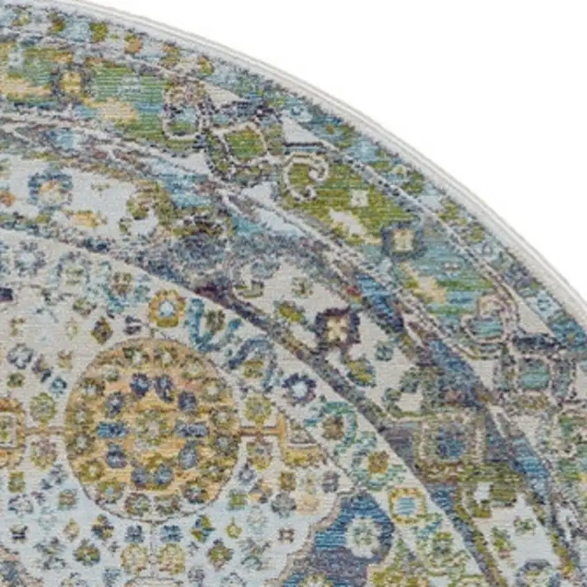 6' Ivory Blue and Green Floral Distressed Non Skid Round Rug Photo 7