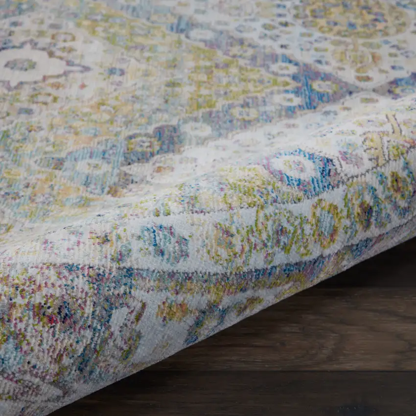 6' Ivory Blue and Green Floral Distressed Non Skid Round Rug Photo 6