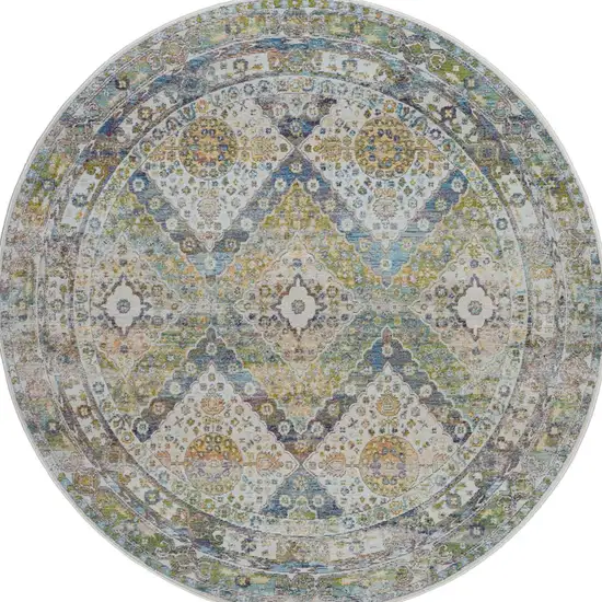 6' Ivory Blue and Green Floral Distressed Non Skid Round Rug Photo 3