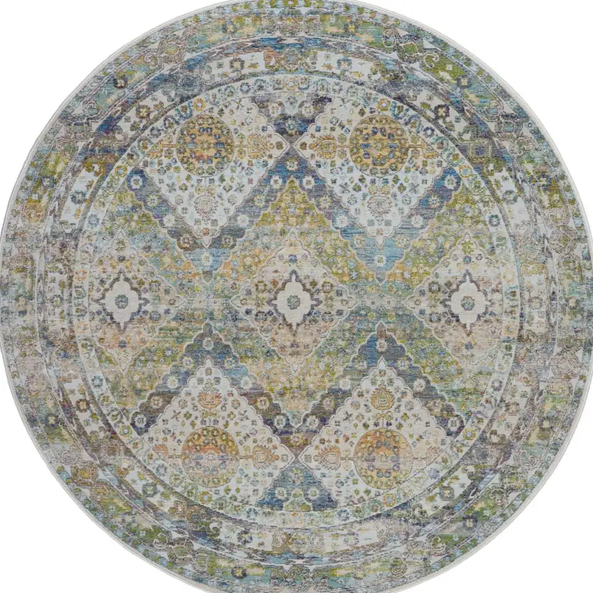 6' Ivory Blue and Green Floral Distressed Non Skid Round Rug Photo 3