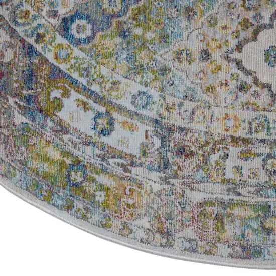 6' Ivory Blue and Green Floral Distressed Non Skid Round Rug Photo 9