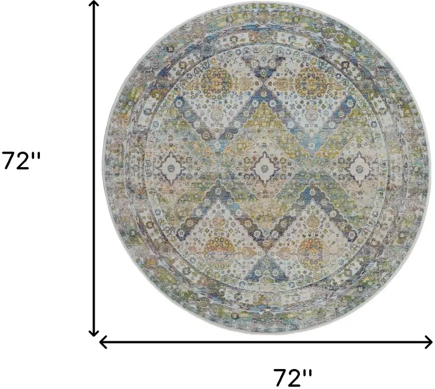 6' Ivory Blue and Green Floral Distressed Non Skid Round Rug Photo 3