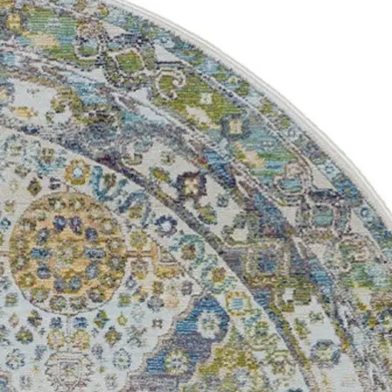 6' Ivory Blue and Green Floral Distressed Non Skid Round Rug Photo 4