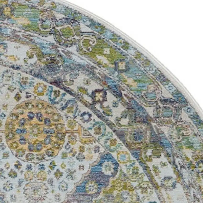 6' Ivory Blue and Green Floral Distressed Non Skid Round Rug Photo 4