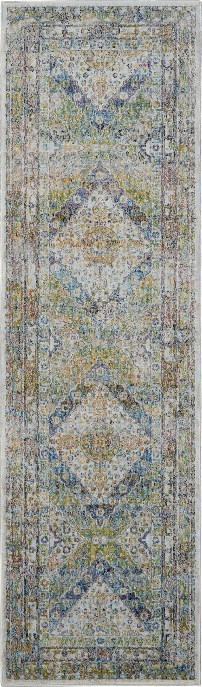 6' Ivory Blue and Green Floral Distressed Non Skid Runner Rug Photo 4