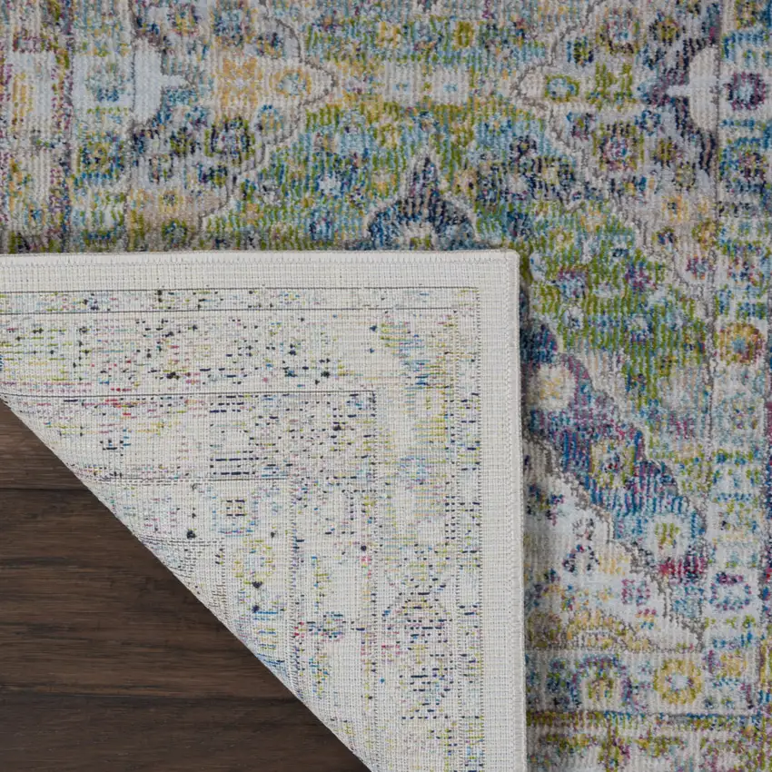 8' Ivory Blue and Green Floral Distressed Non Skid Runner Rug Photo 9