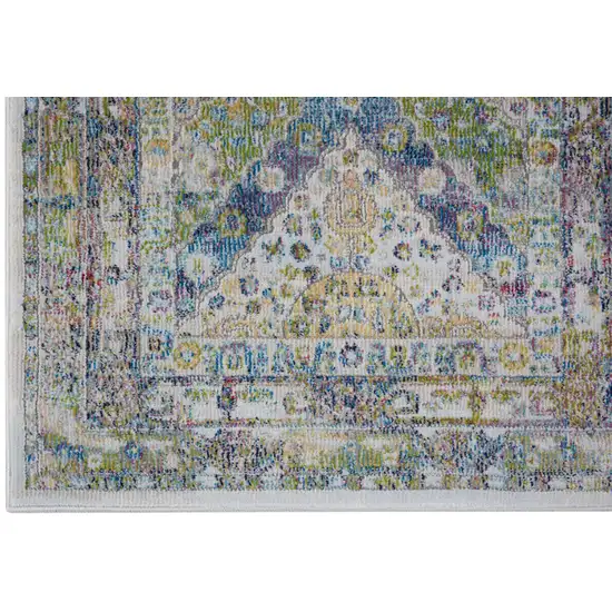 8' Ivory Blue and Green Floral Distressed Non Skid Runner Rug Photo 4