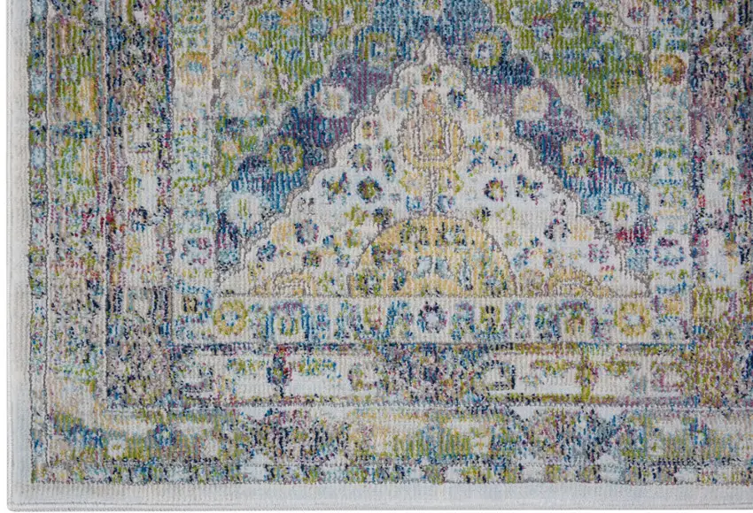 8' Ivory Blue and Green Floral Distressed Non Skid Runner Rug Photo 4